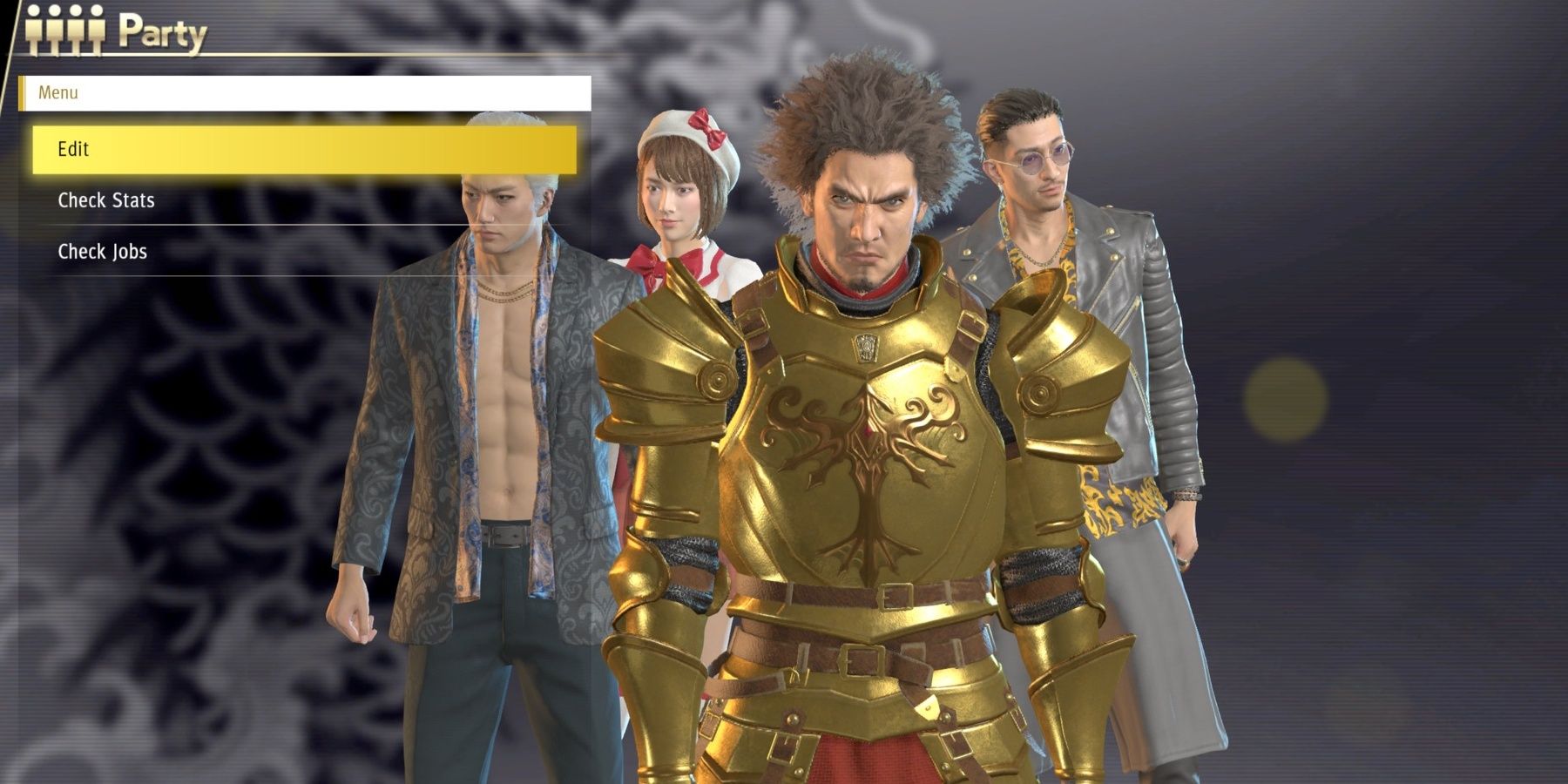 Party edit screen with Ichiban and his crew in Yakuza: Like A Dragon.
