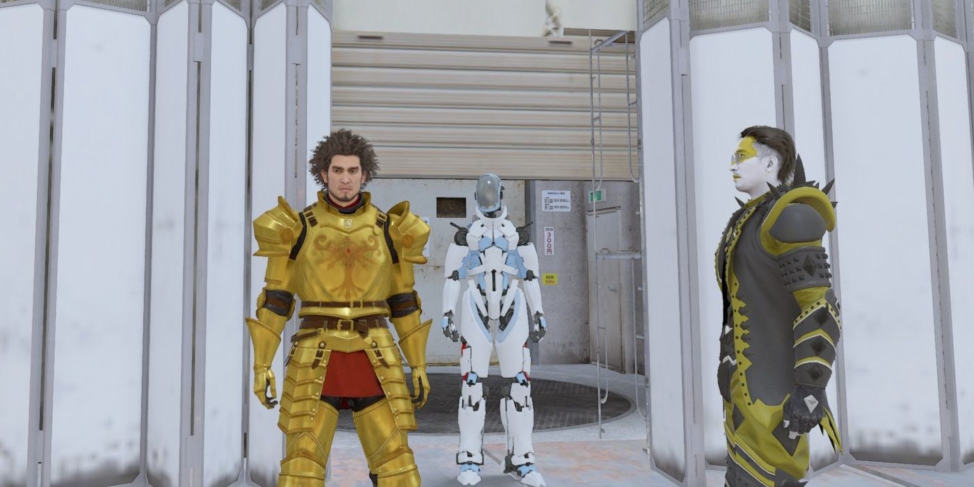 Ichiban, Yappi, and Zhao stand at the Sotenbori Battle Arena Entrance in Yakuza: Like A Dragon.