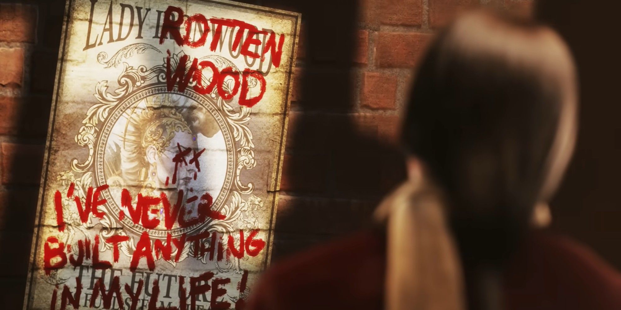 Lady Rottenwood defaced poster in Clockwork Revolution