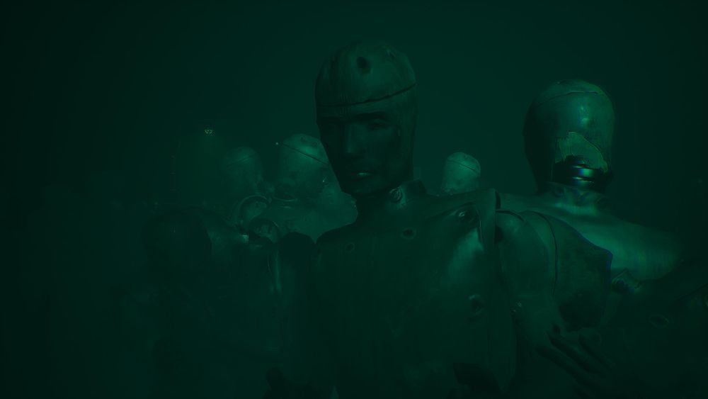 green-tinted mannequins underwater in layers of fear 2023