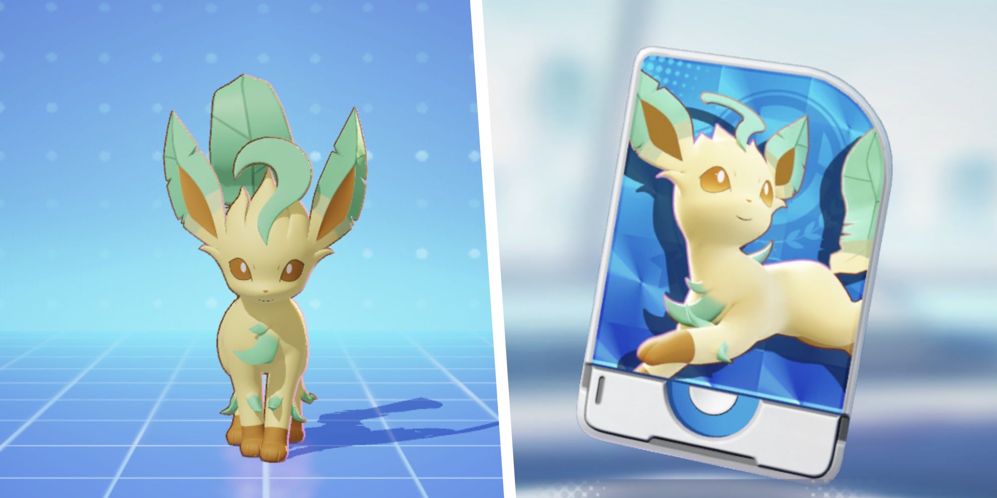 Image of Leafeon from Pokemon Unite split with an image of the Leafeon Unite License