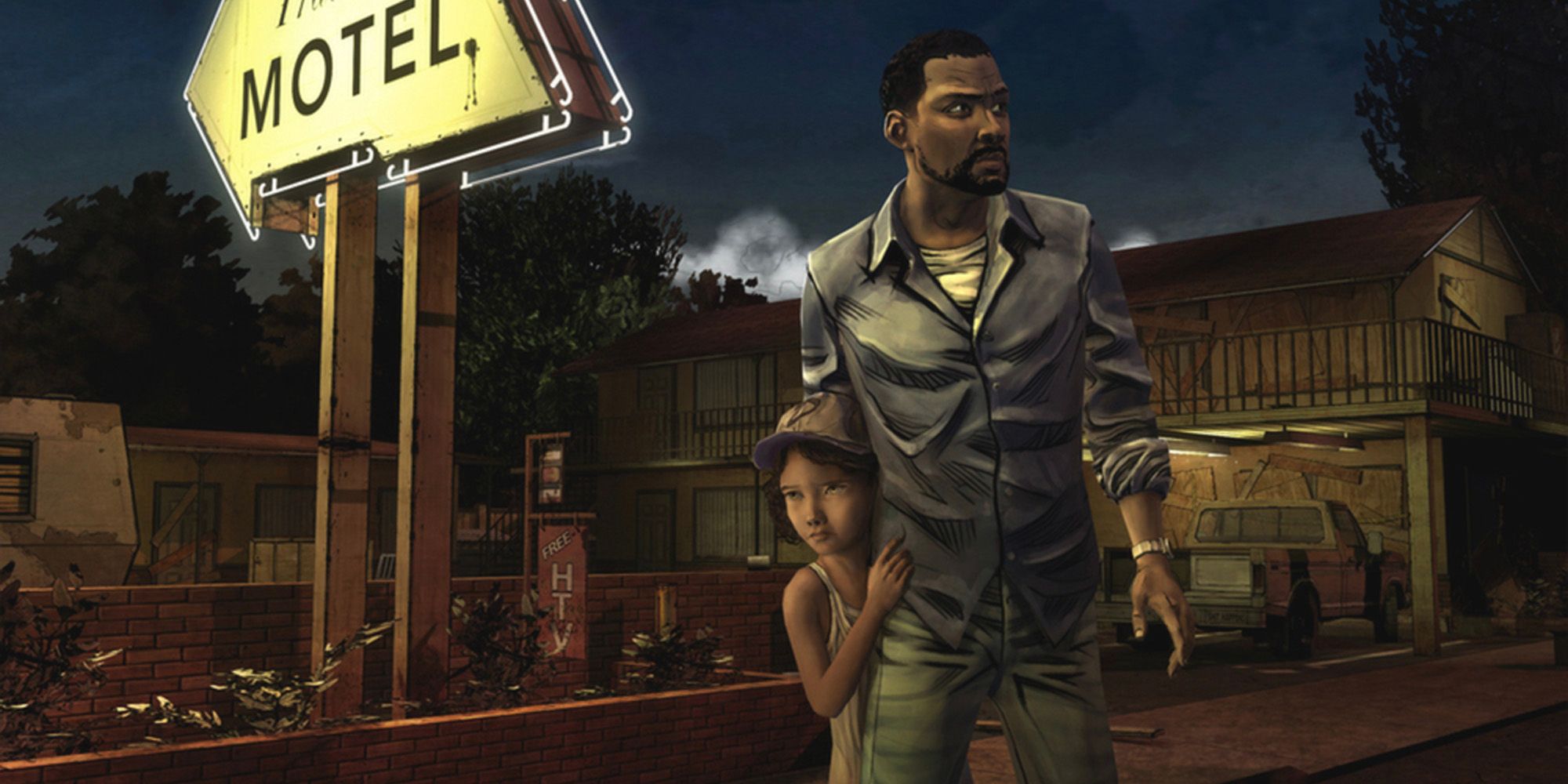 lee and clementine in front of a motel in the walking dead