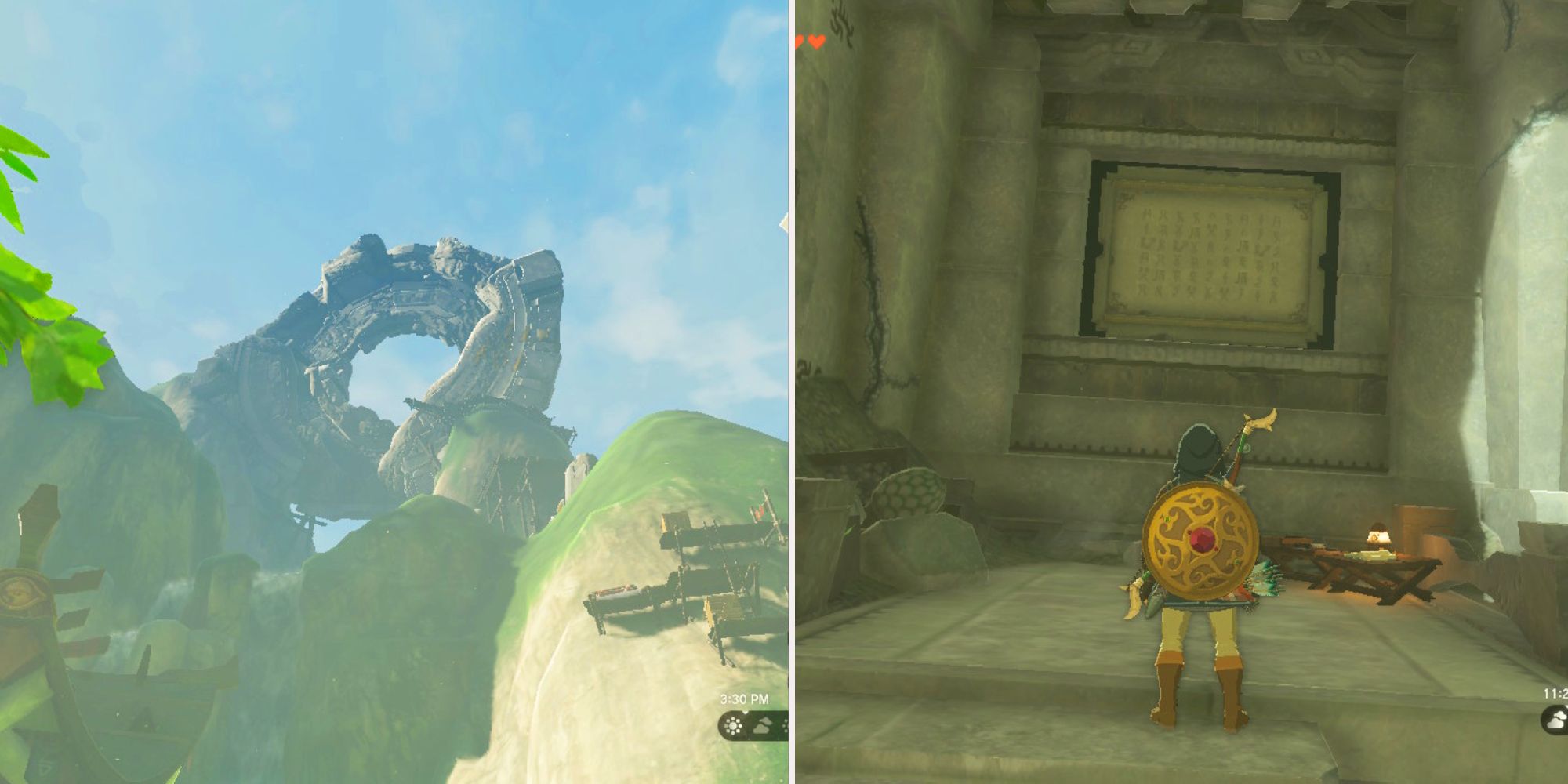 Ancient ring-like ruins have fallen around a village, and Link looks on.