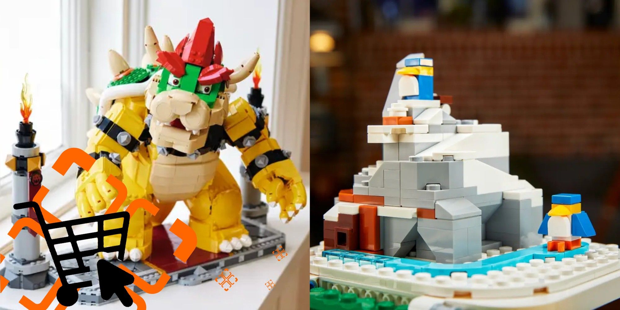 lego bowser and a lego super mario 64 level with a TG buyer's guide overlay