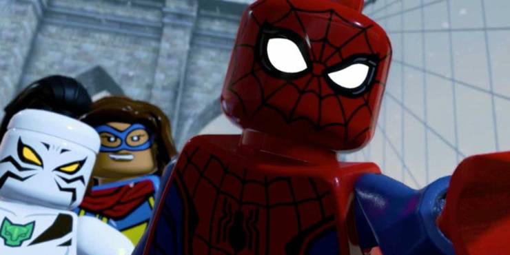 Lego Spider-Man stands on a bridge with other heroes