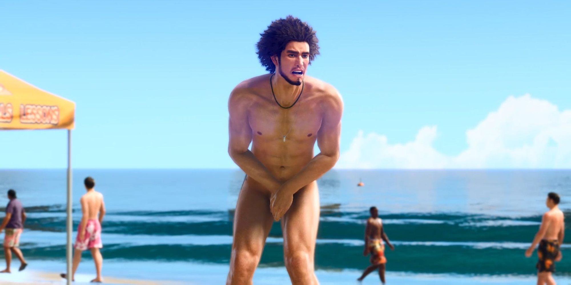 Kasuga Ichiban hiding his nudity on a Honolulu beach