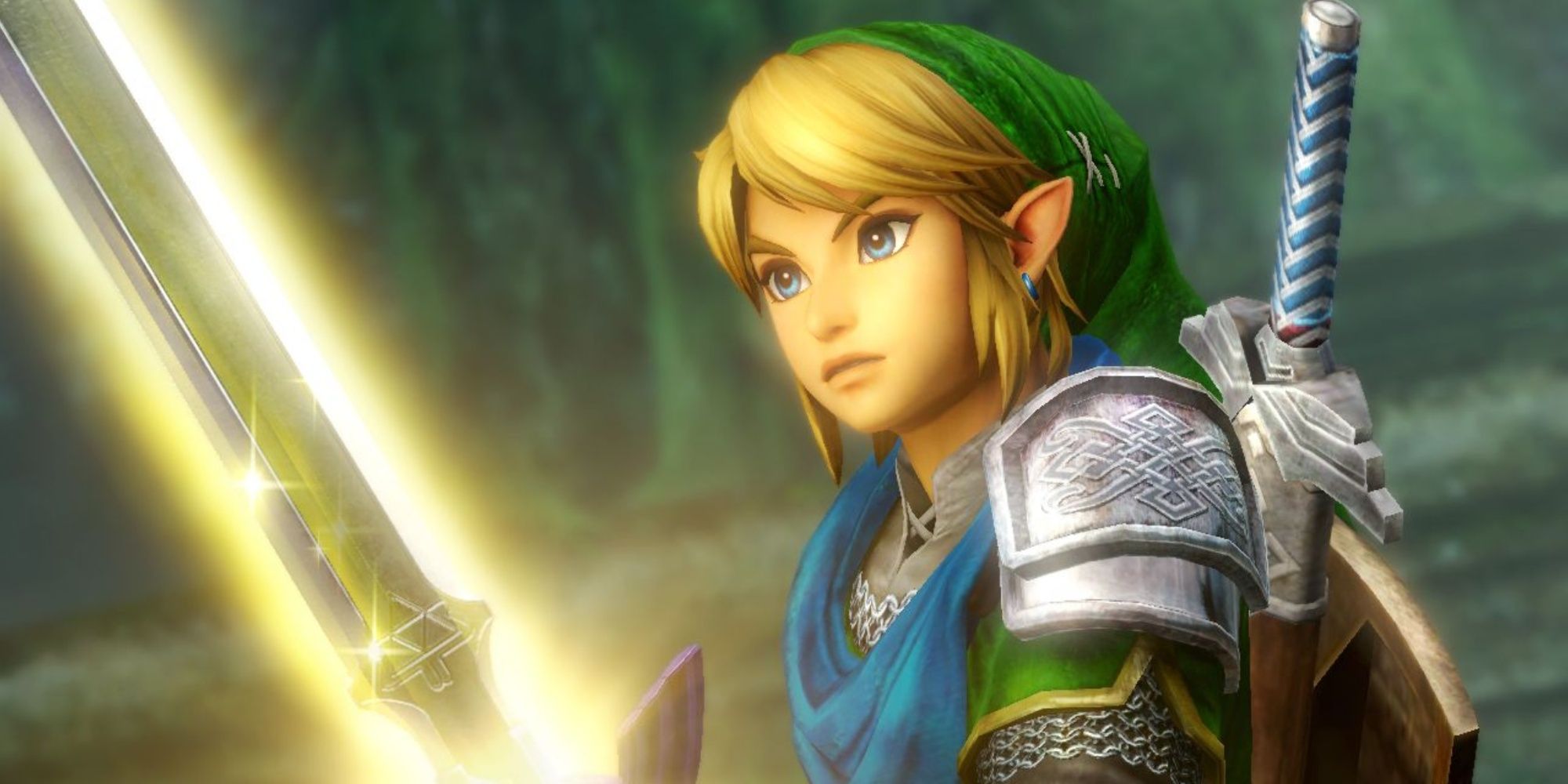 Link looking at the glowing Master Sword in Hyrule Warriors