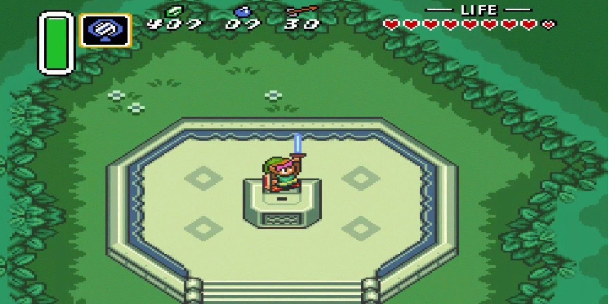 Link pulling the Master Sword in A Link to the Past