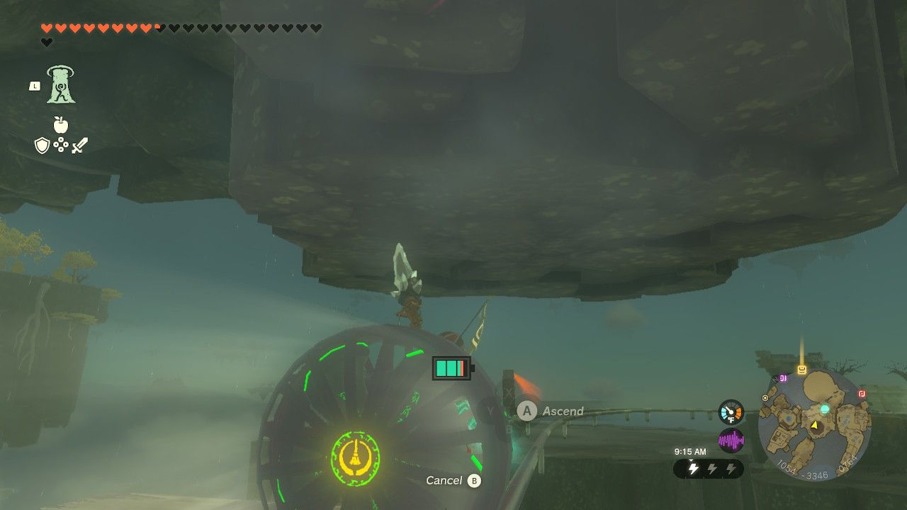 Link underneath the structure containing the Joku-usin Shrine in Tears of the Kingdom