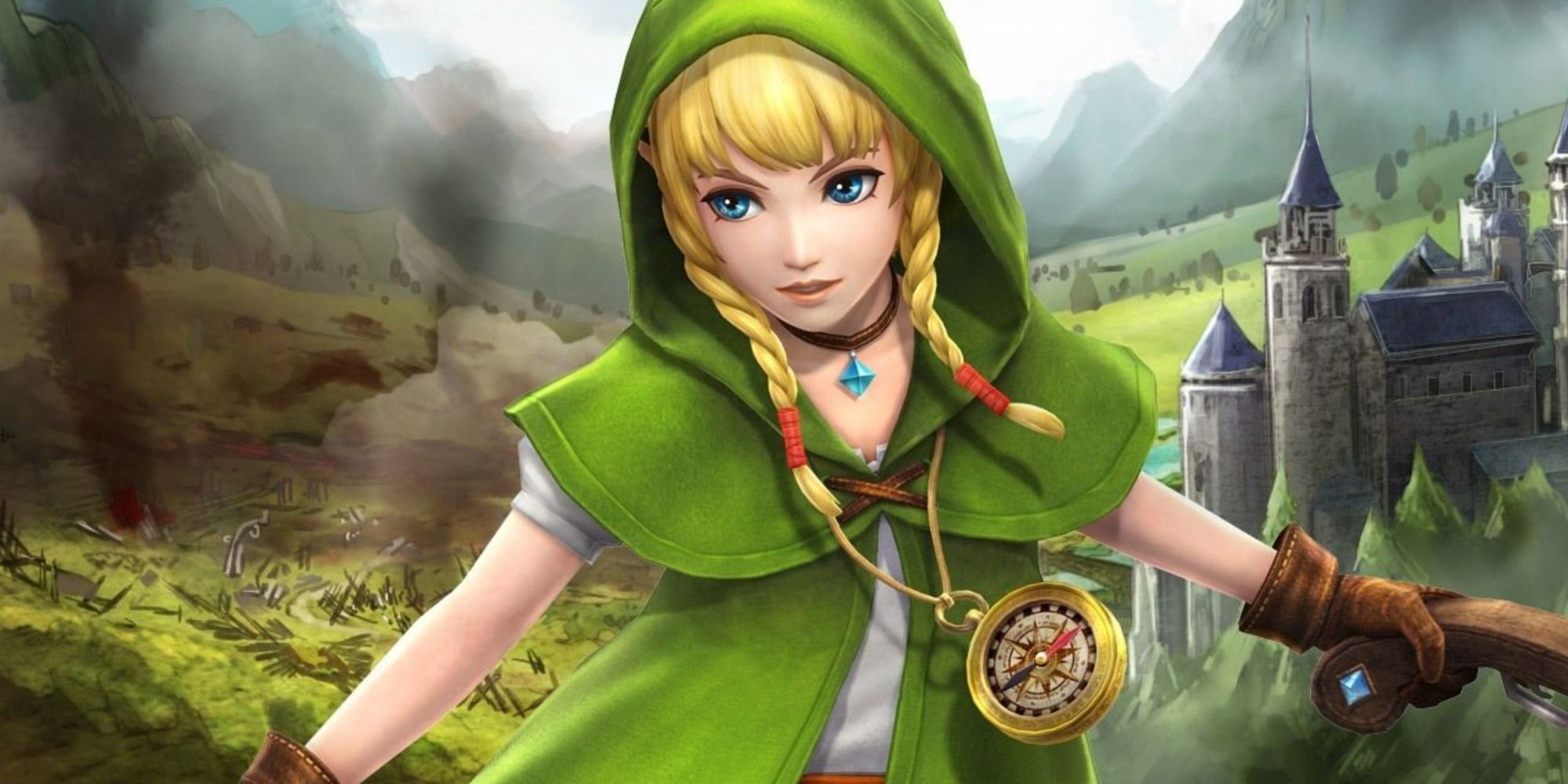 Linkle against the background of Hyrule Castle in Hyrule Warriors