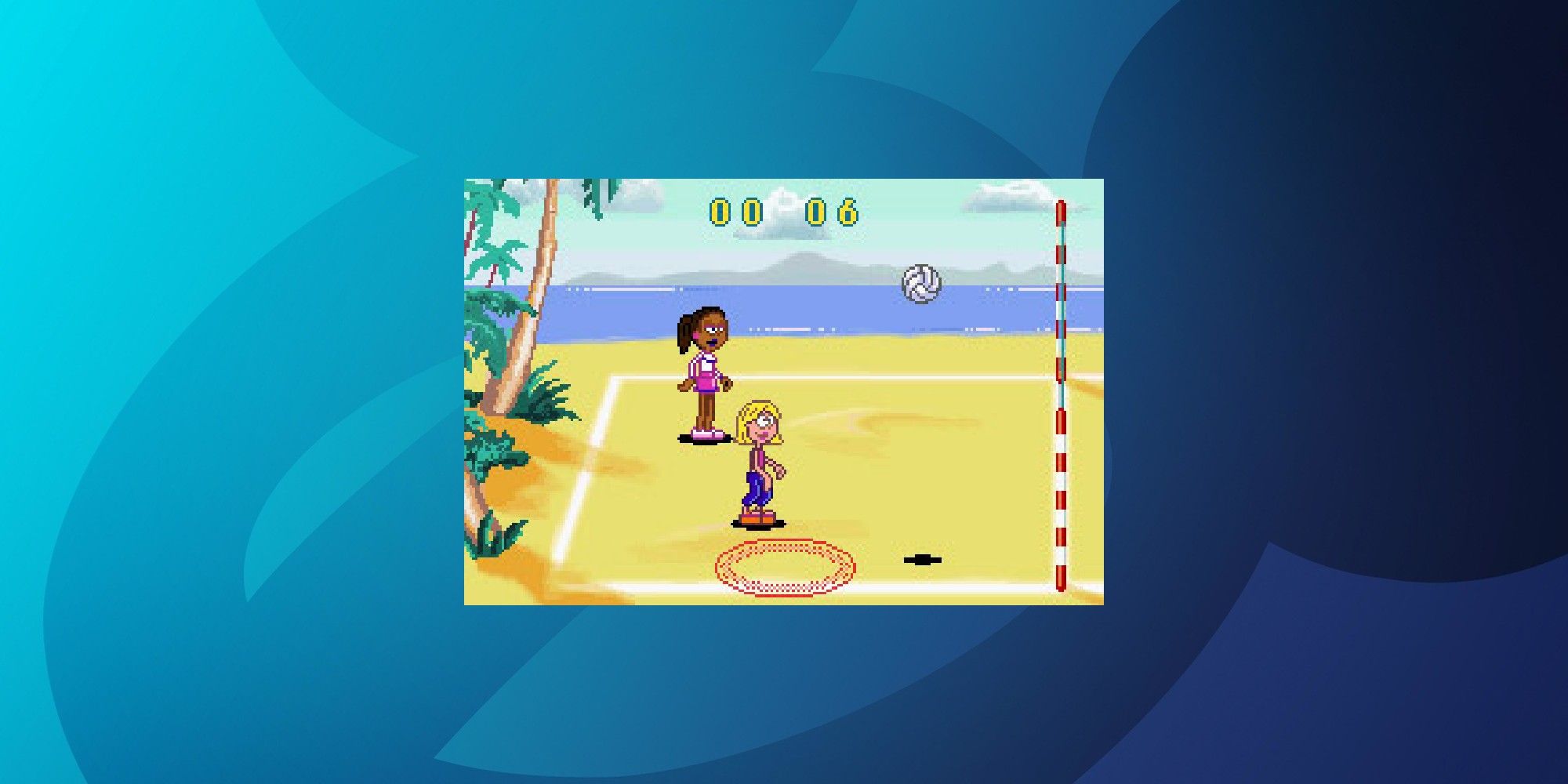 Lizzie's animated avatar is playing beach volleyball
