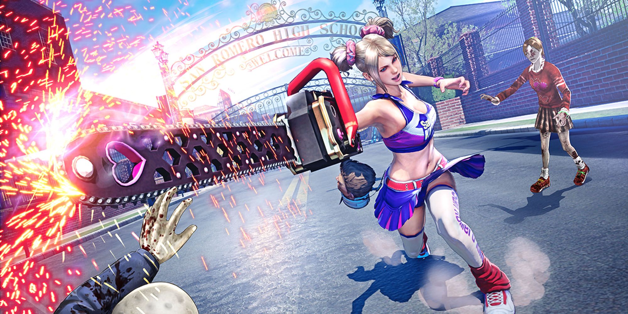 Lollipop Chainsaw key art showing Juliet Starling swinging a chainsaw toward the camera while a zombie stumbles behind her