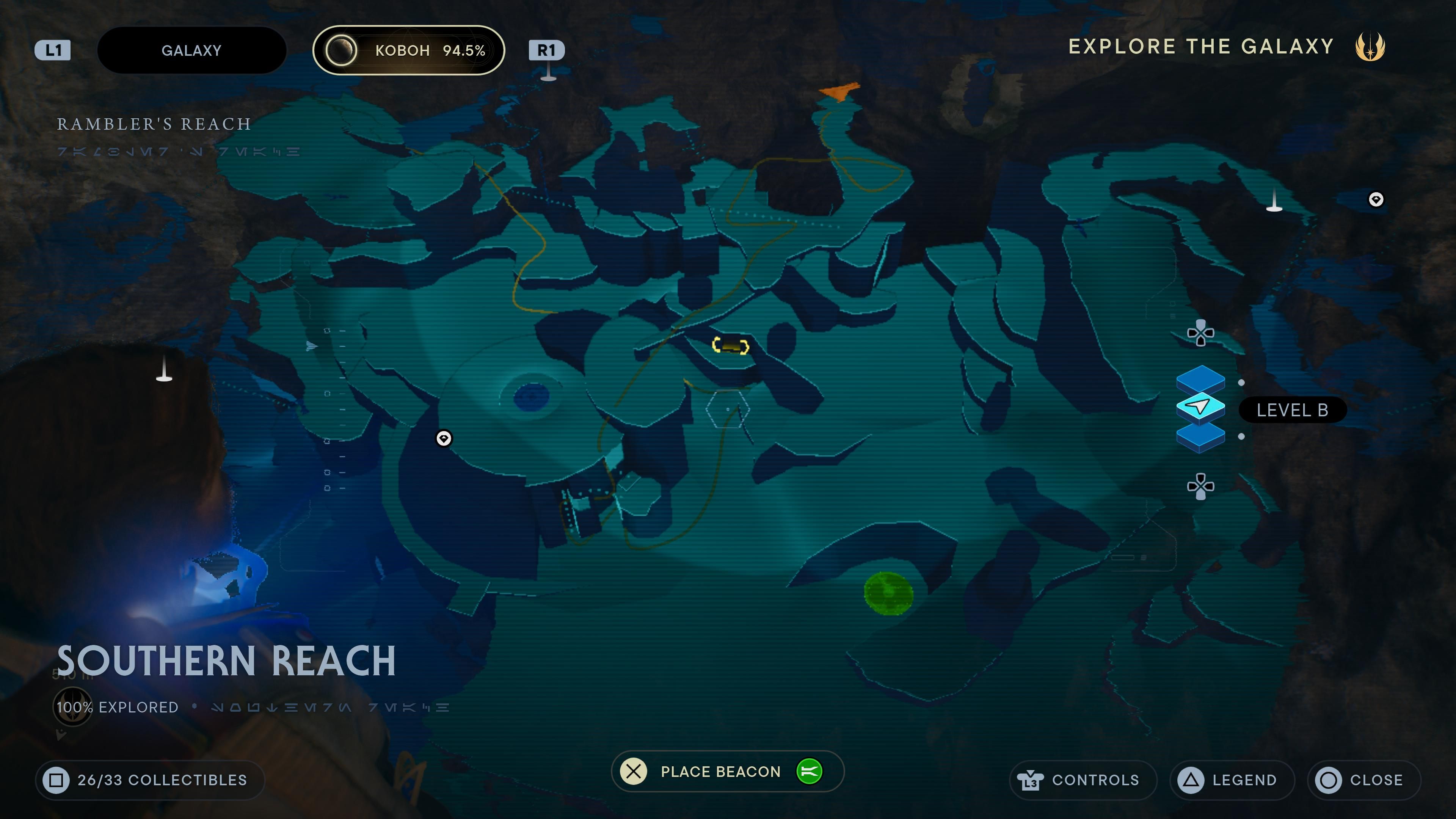 Map location of a priorite shard in a cave in Southern Reach in Jedi Survivor