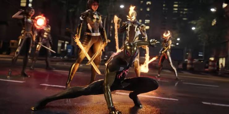 Spider-Man and other heroes stand on a road at night