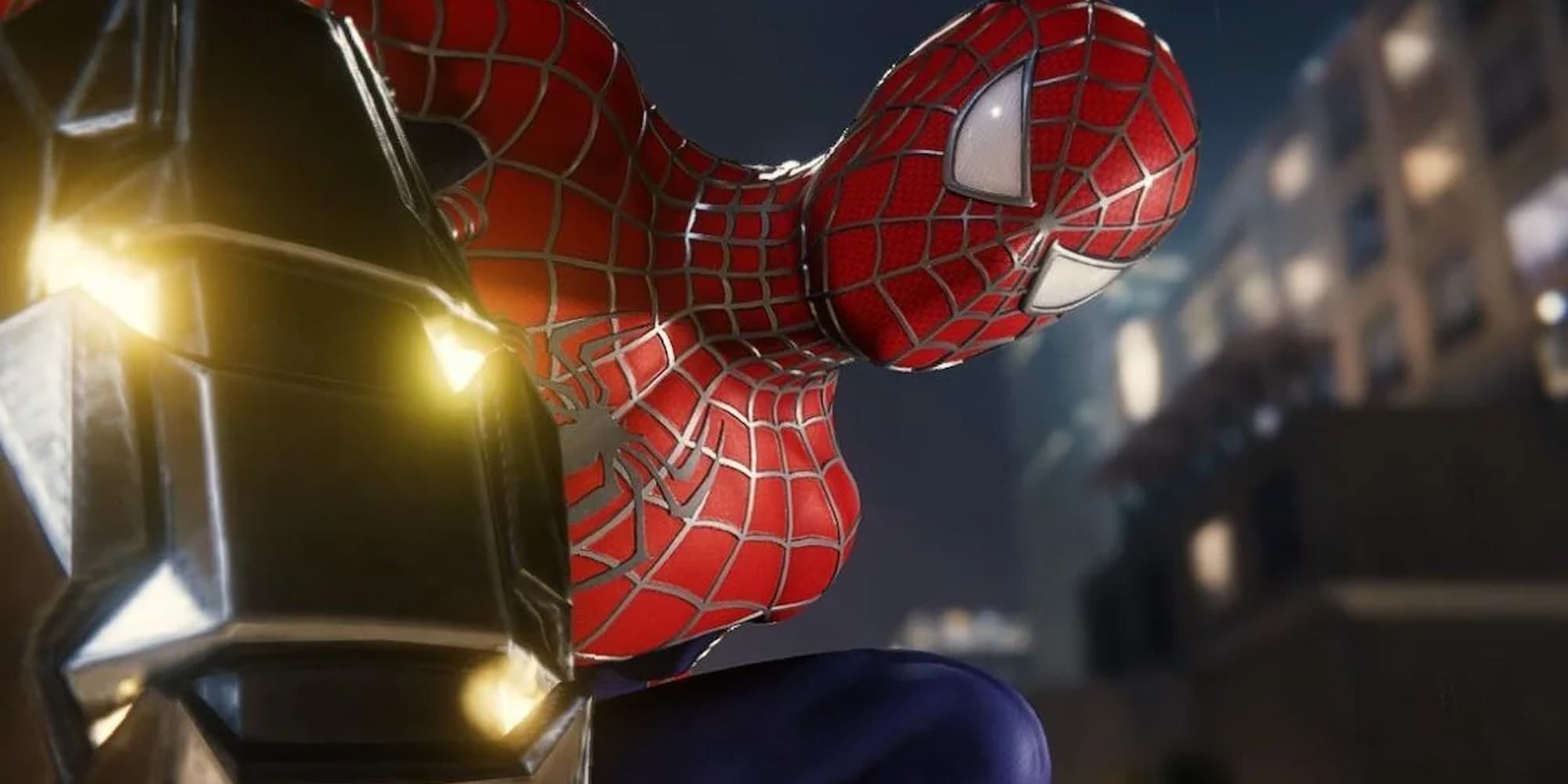 Spider-Man peeks over the back of Rhino in Marvel's Spider-Man Remastered.