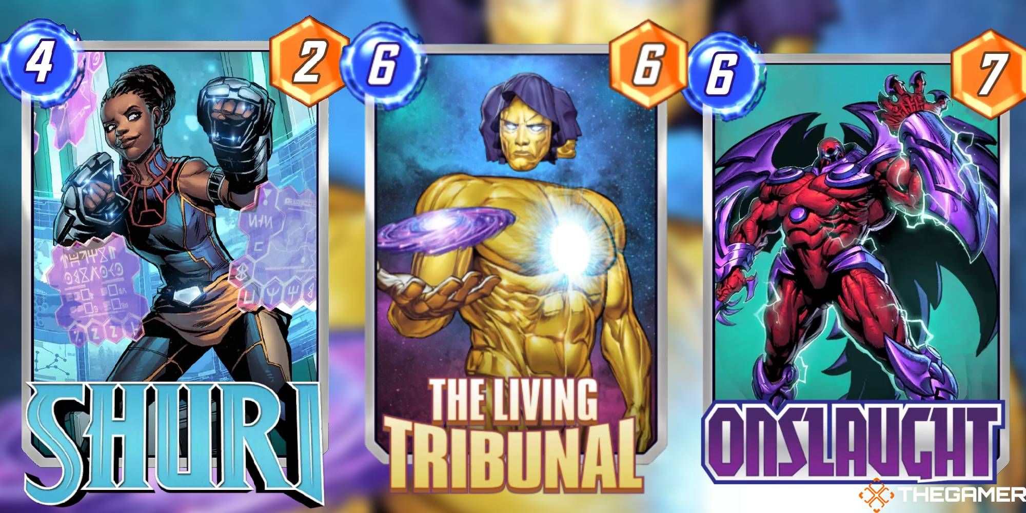 A collage of Marvel Snap showing Shuri, The Living Tribunal, and Onslaught.