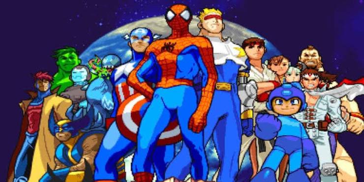 Spider-Man stands on a cliffside with other Marvel and Capcom characters