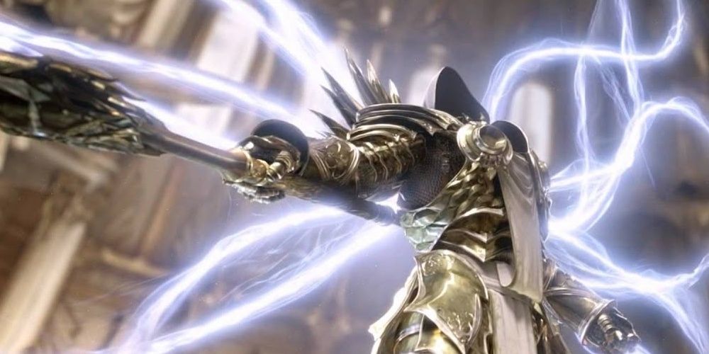 Tyrael pointing a spear in Diablo 3 the video game