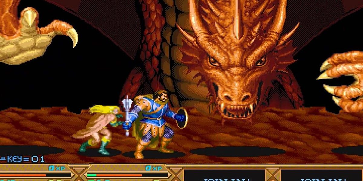 Characters battle against a dragon