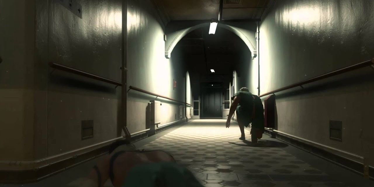Metal Gear Solid 5 Snake crawling along the floor in a hospital hallway 