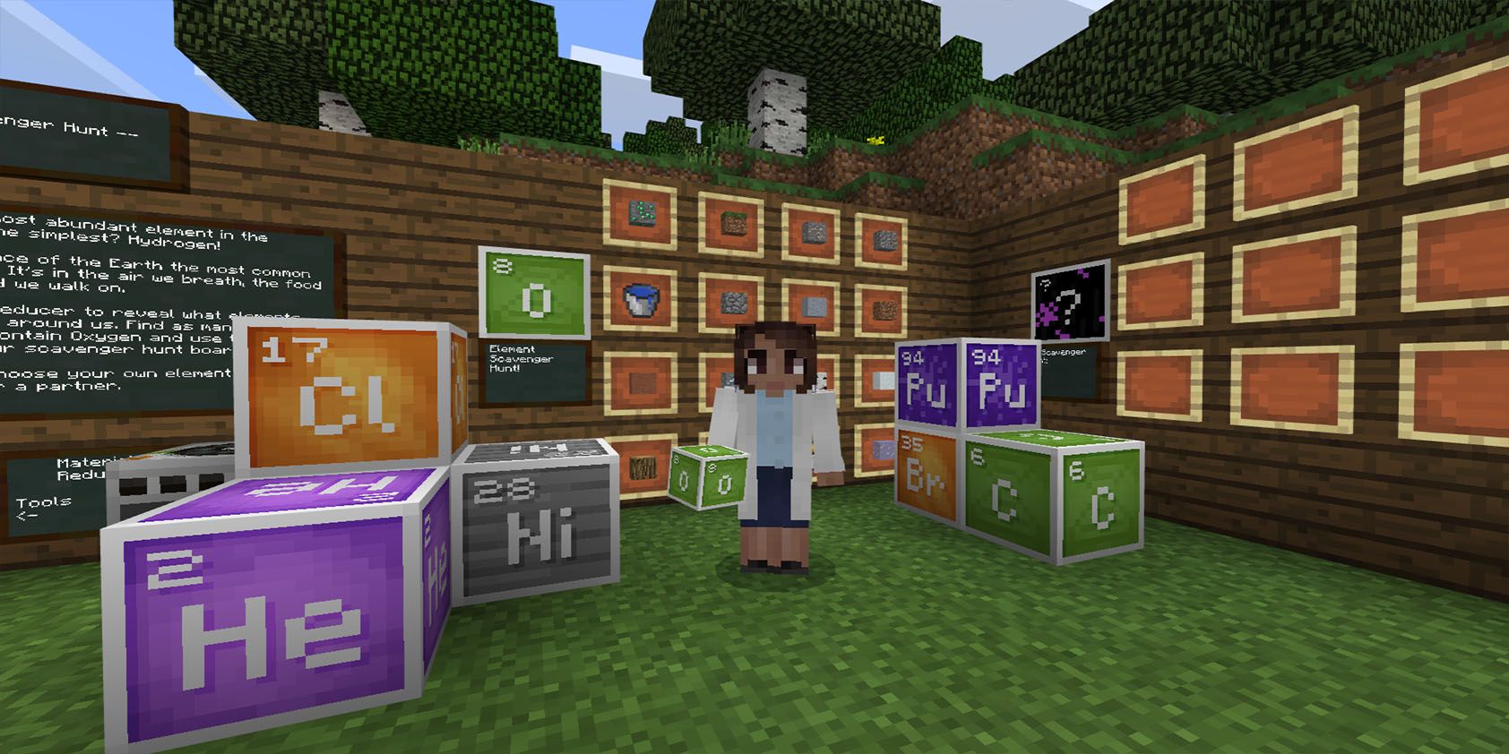 A screenshot of a teacher teaching a science lesson in Minecraft Education, there is a blackboard with instructions and periodic table blocks.