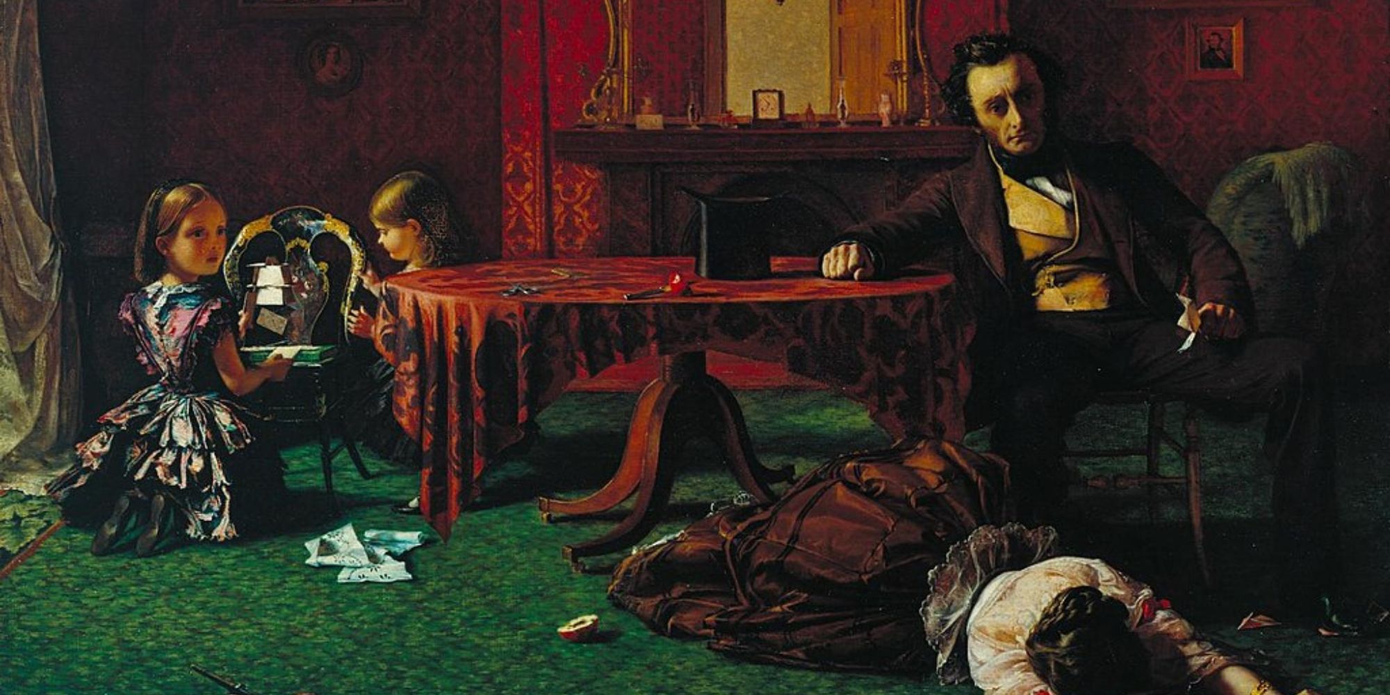 painting of man sitting in chair while a woman lays on the floor and children watch