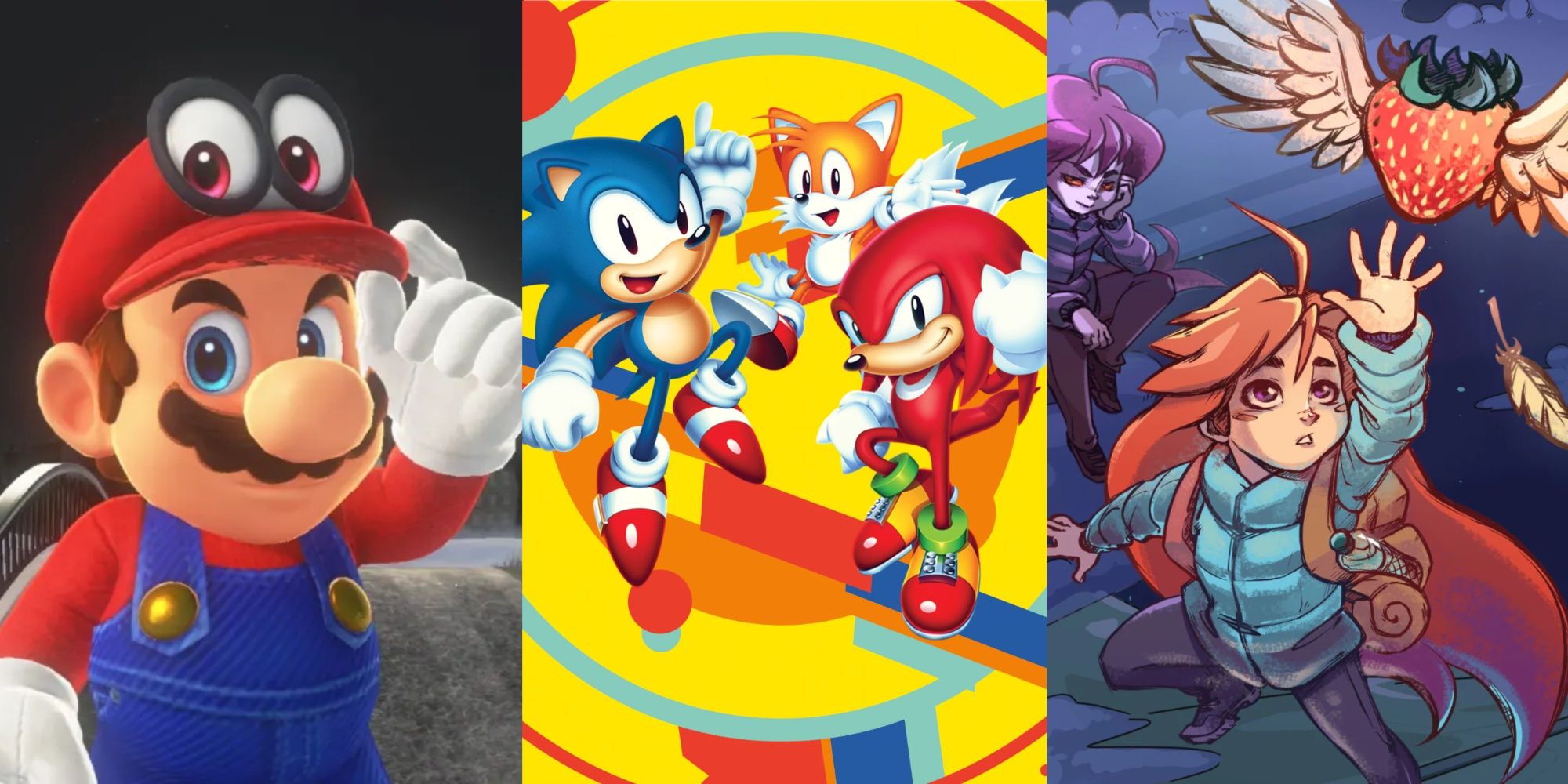 Mario and Cappy, the cast of Sonic Mania, and Celeste reaching for a strawberry