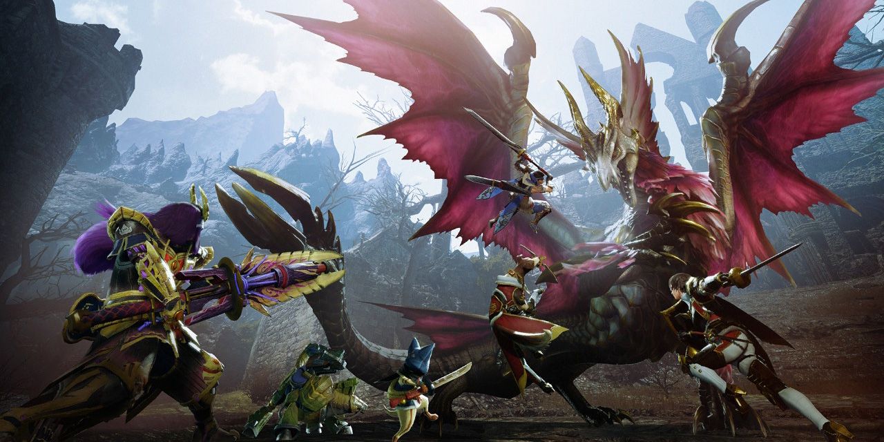 Monster Hunter Rise For Nintendo Switch, Hunters Fighting A Monster