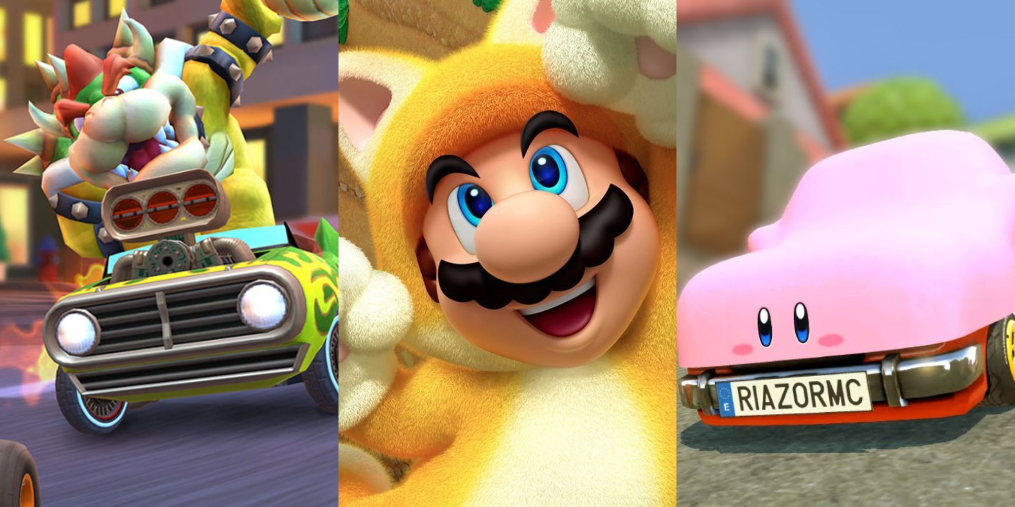 Bowser from Mario Kart, Mario in a cat suit, and car Kirby