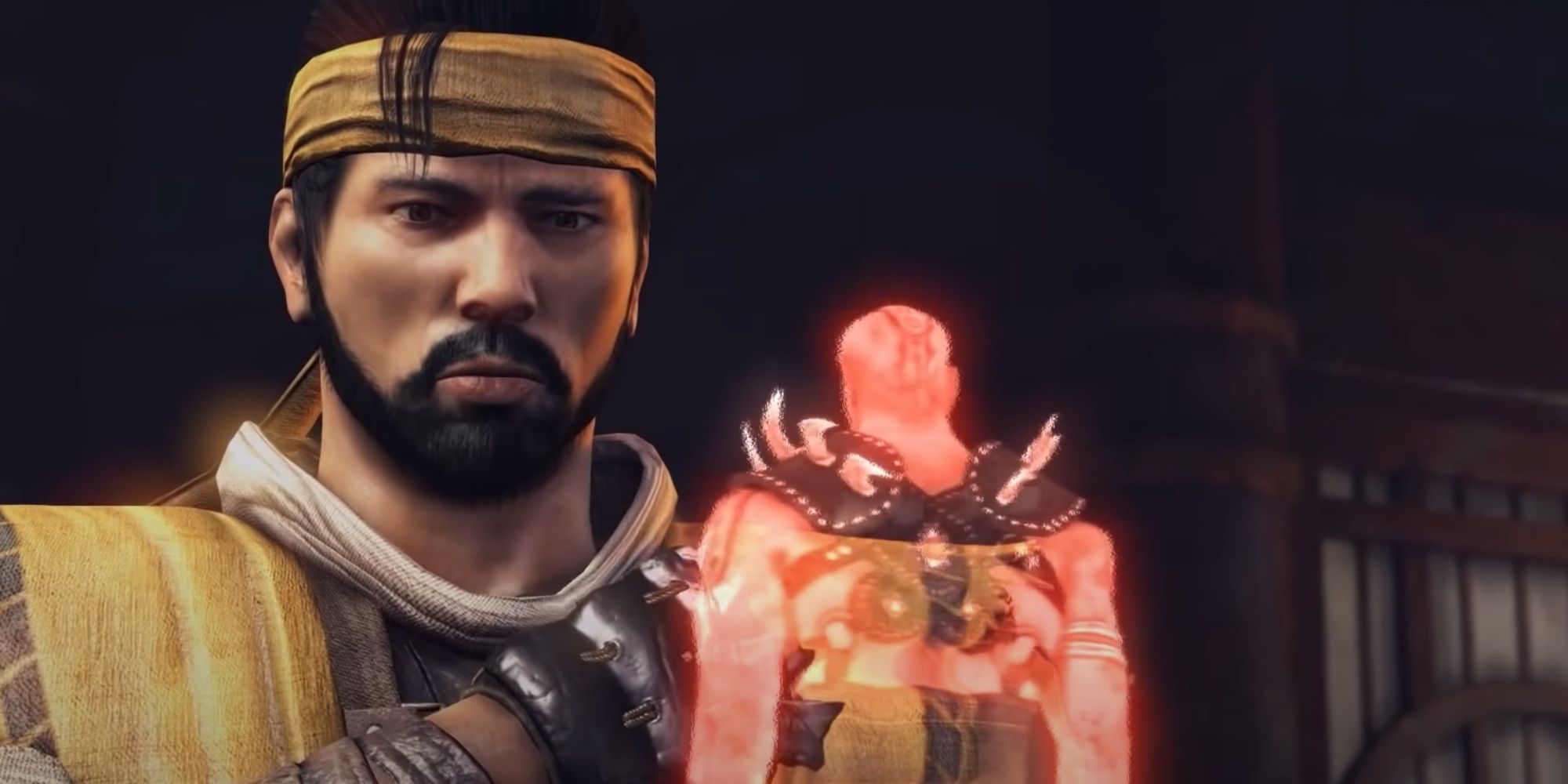 Mortal Kombat 10 Screenshot of Hanzo Hasashi looking at the Quen Chi hologram
