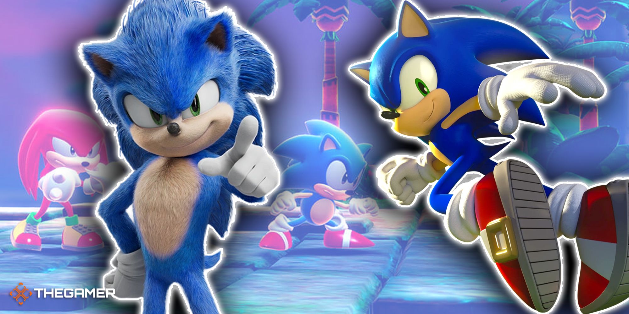 movie sonic and frontiers sonic on a superstars background