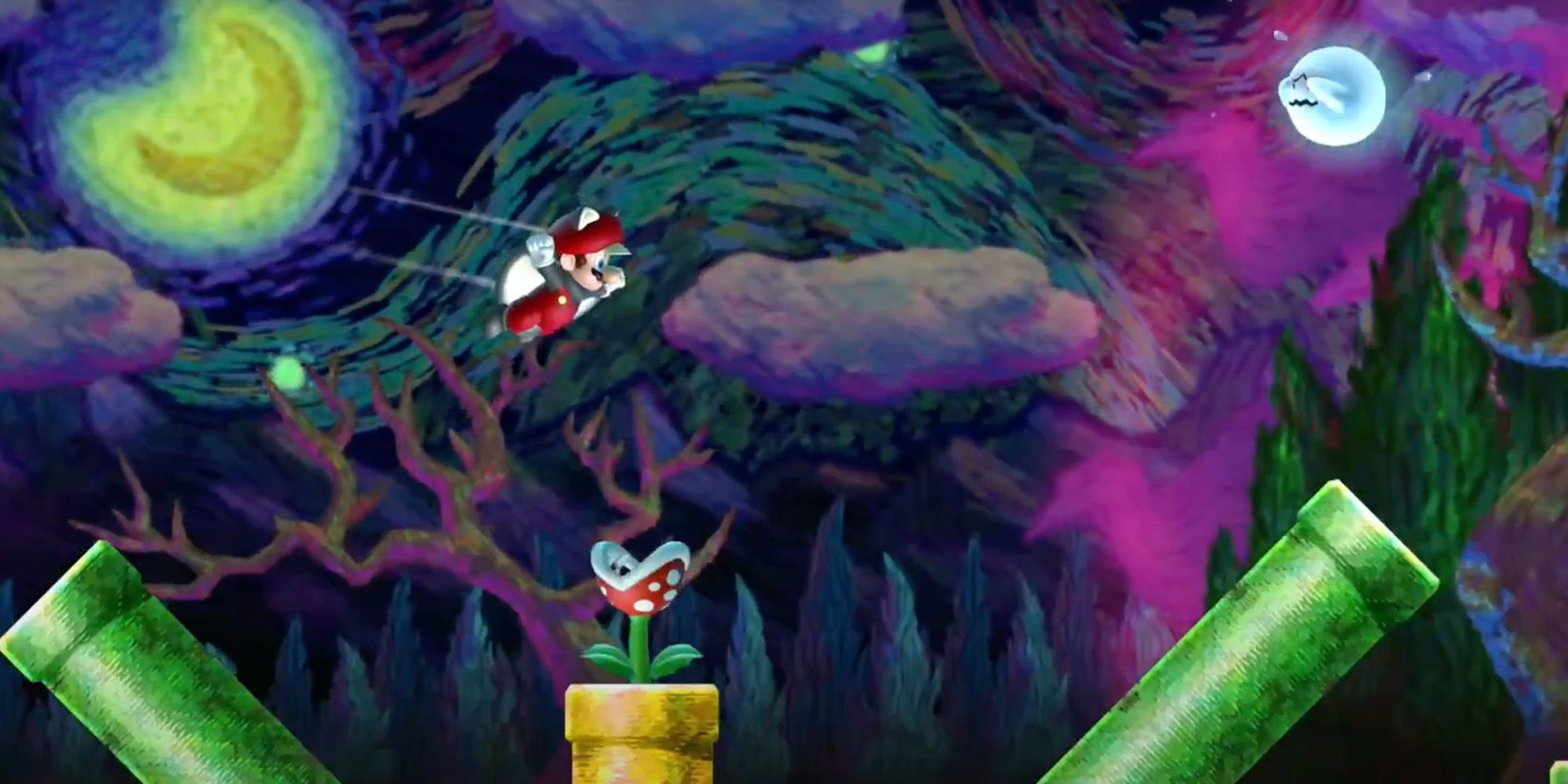 New Super Mario Bros U: Mario in a squirrel suit flying through a painted swamp