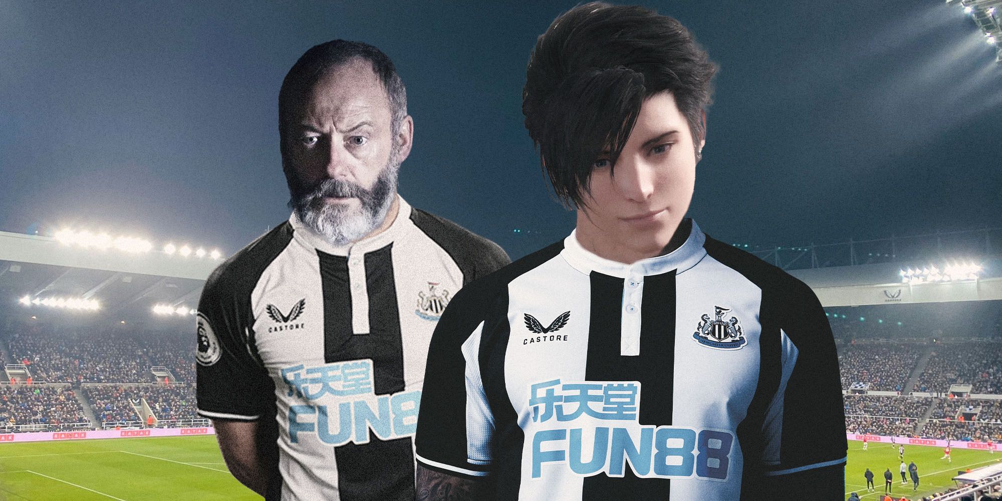 Clive from Final Fantasy 16 and Davos from Game of Thrones in NUFC shirts