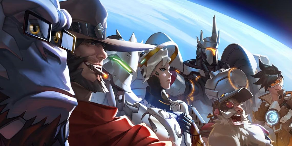 Some of Overwatch's main cast looking triumphantly towards the camera against a backdrop that resembles earth in space.