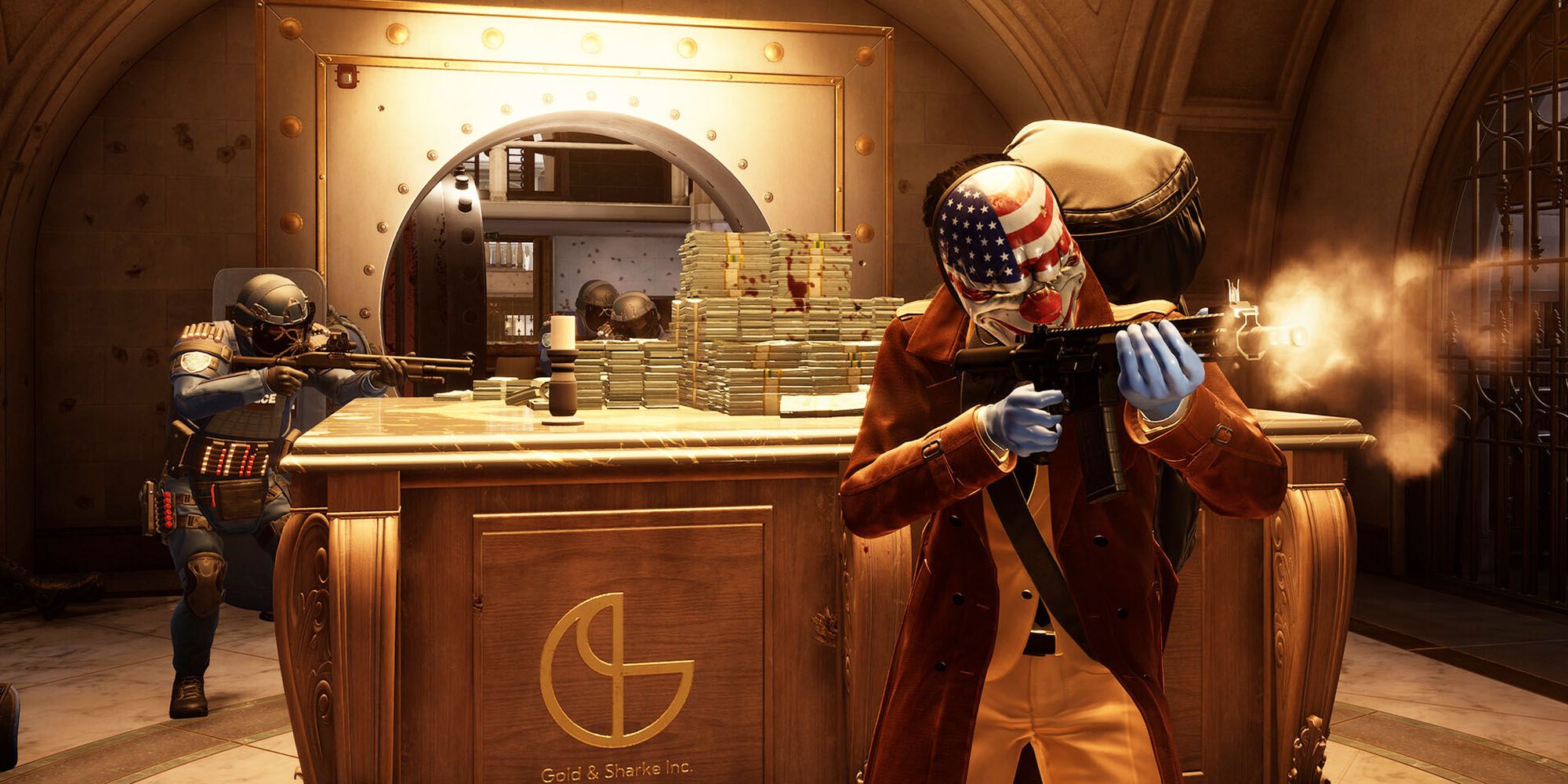 Payday 3 Dallas shooting an assault rifle in a bank vault with SWAT behind him