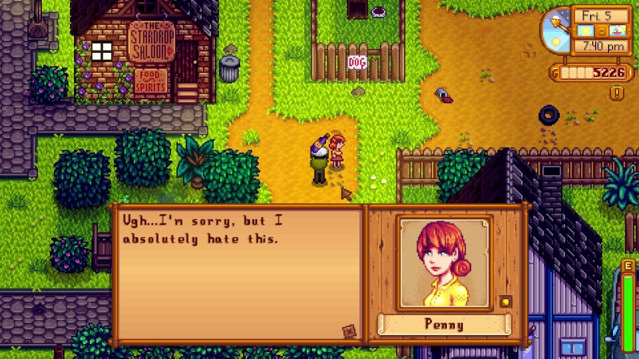 Penny's dialogue after receiving wine she hates in Stardew Valley.
