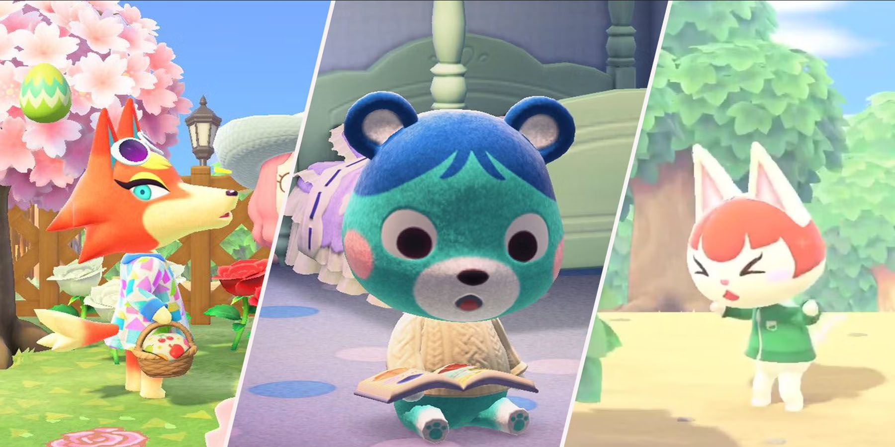 A collage of three lively villagers crossing animals, including the orange fox Audie picking flowers, the aptly named character Bluebear sitting reading a book, and the white cat Felicity coughing.
