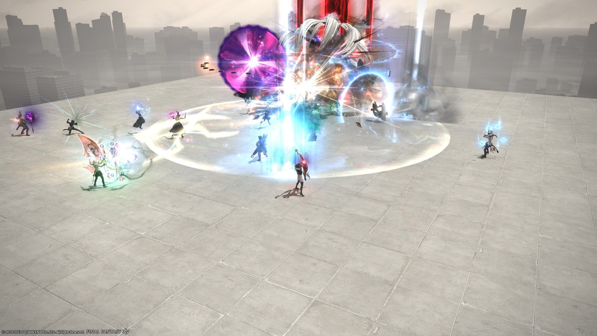 Players taking on one of the Nier raid bosses in Final Fantasy 14.