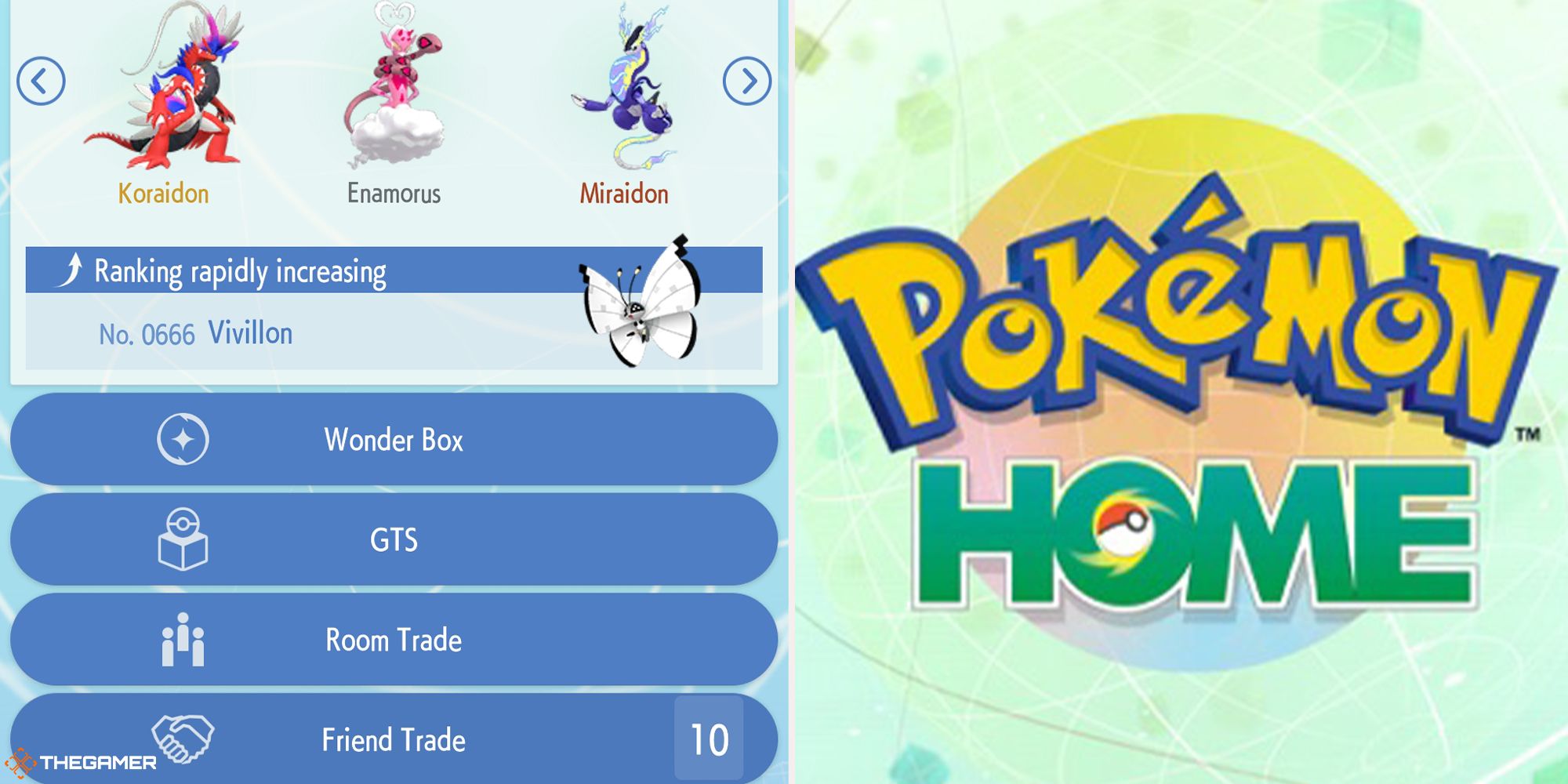Pokemon Home - trading menu and pokemon home homescreen