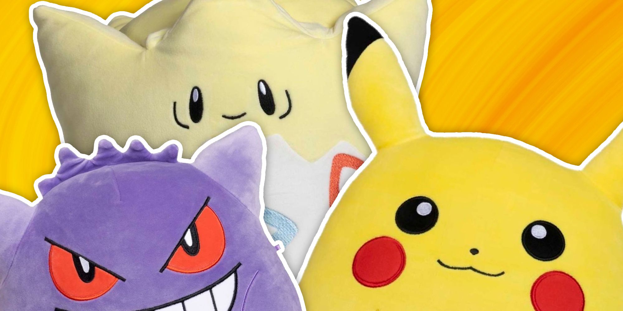 Gengar, Togepi, and Pikachu Squishmallows on a yellow background.