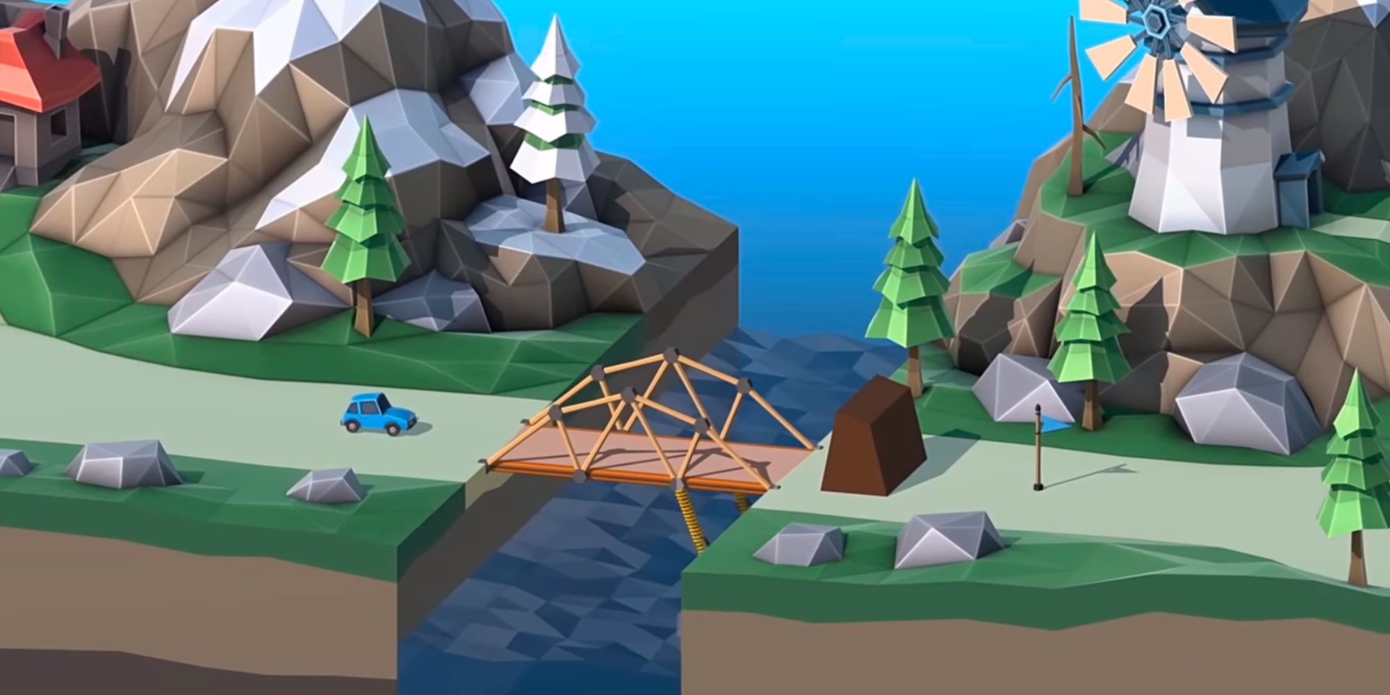 A care approaching a bridge in Poly Bridge 2 game