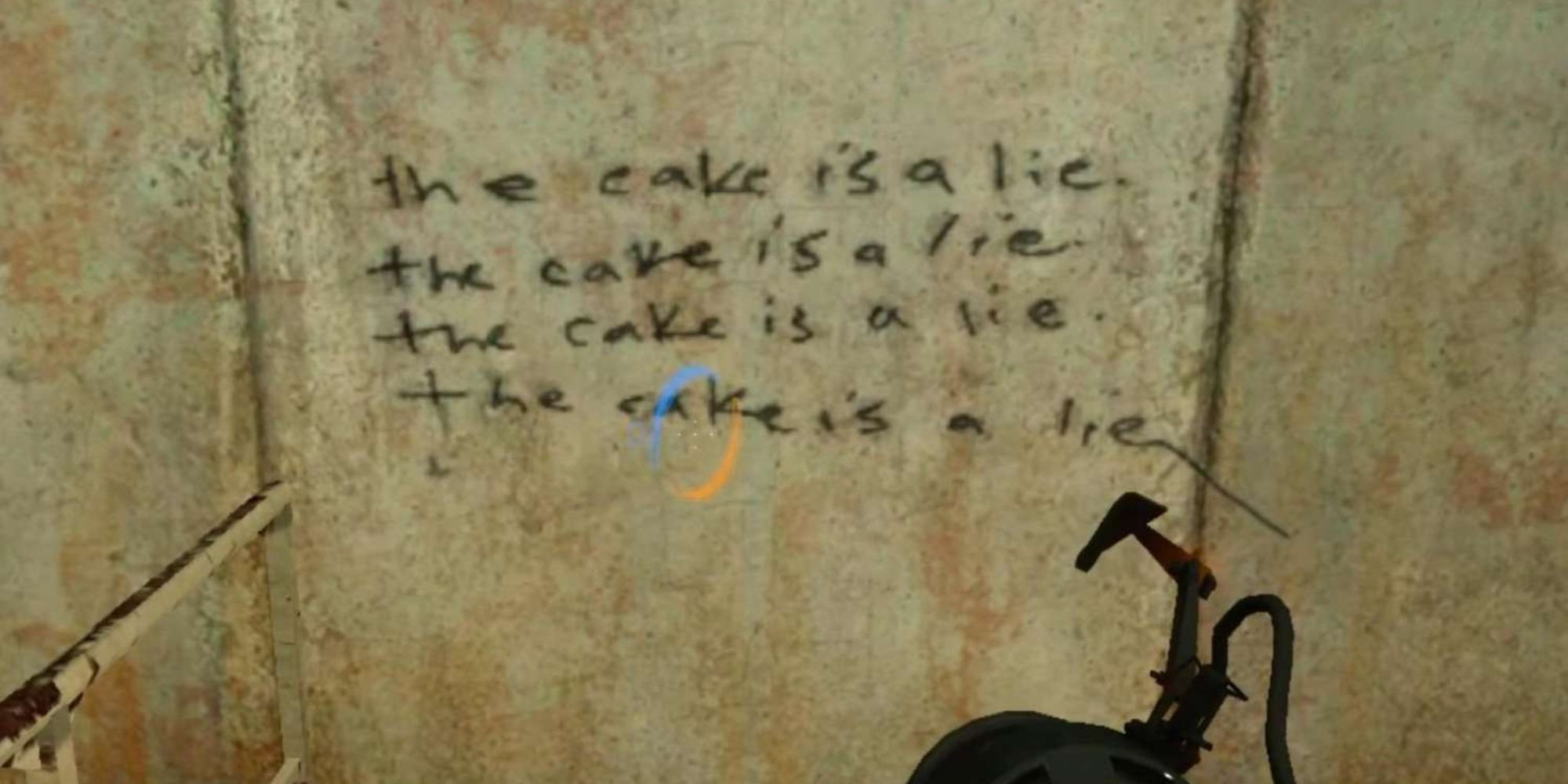 Portal Screenshot Of Message The Cake Is A Lie Written On A Wall