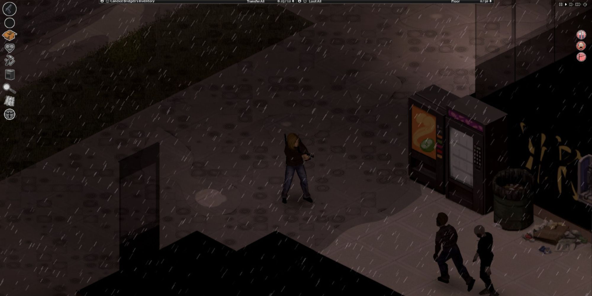 project zomboid player aiming gun at zombies in rain