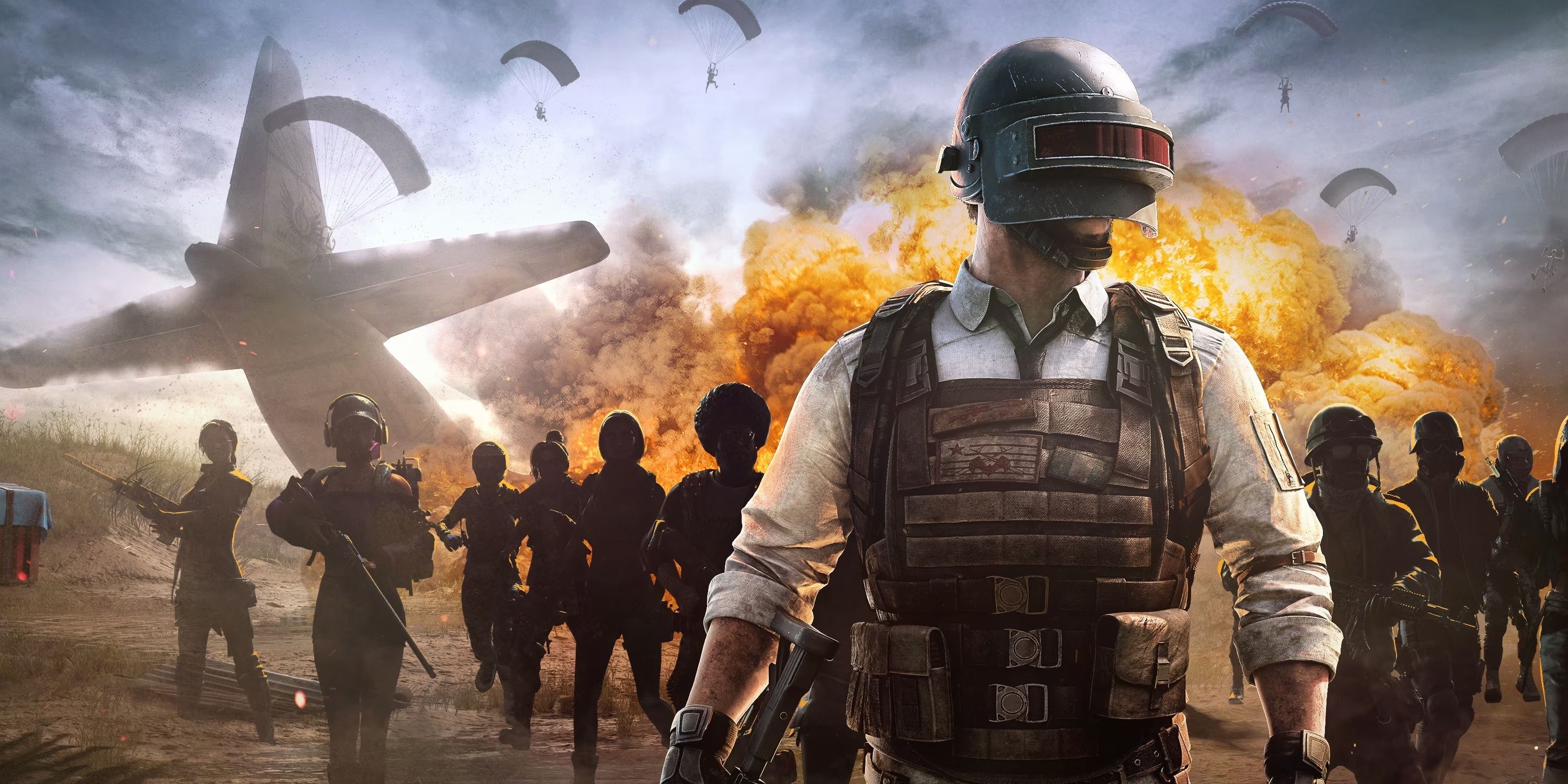 PUBG Artwork Plane Crashing And Exploding Behind An Armed Team