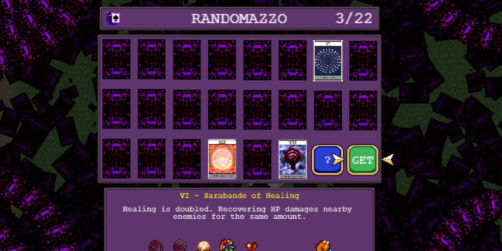 Randamazzo arcana selection at the beginning of the stage in vampire survivors