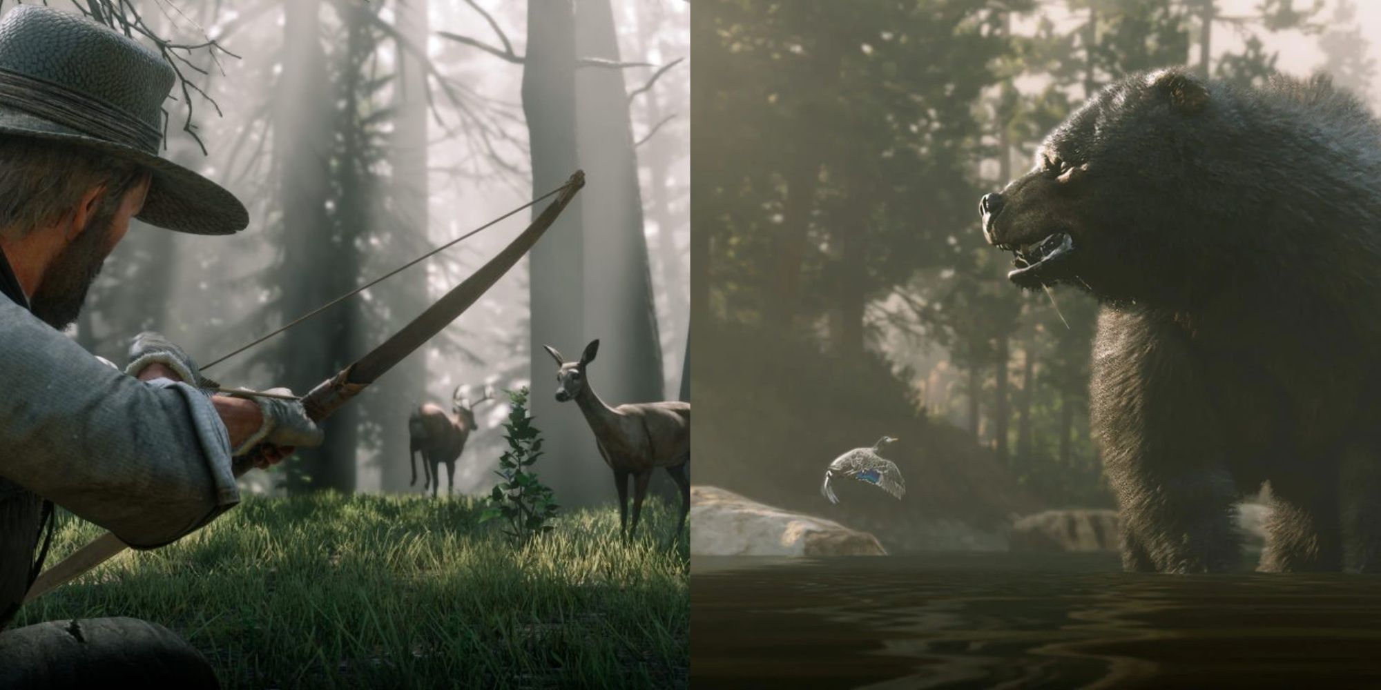Collage image of Arthur Morgan aiming with a bow and a bear in RDR2