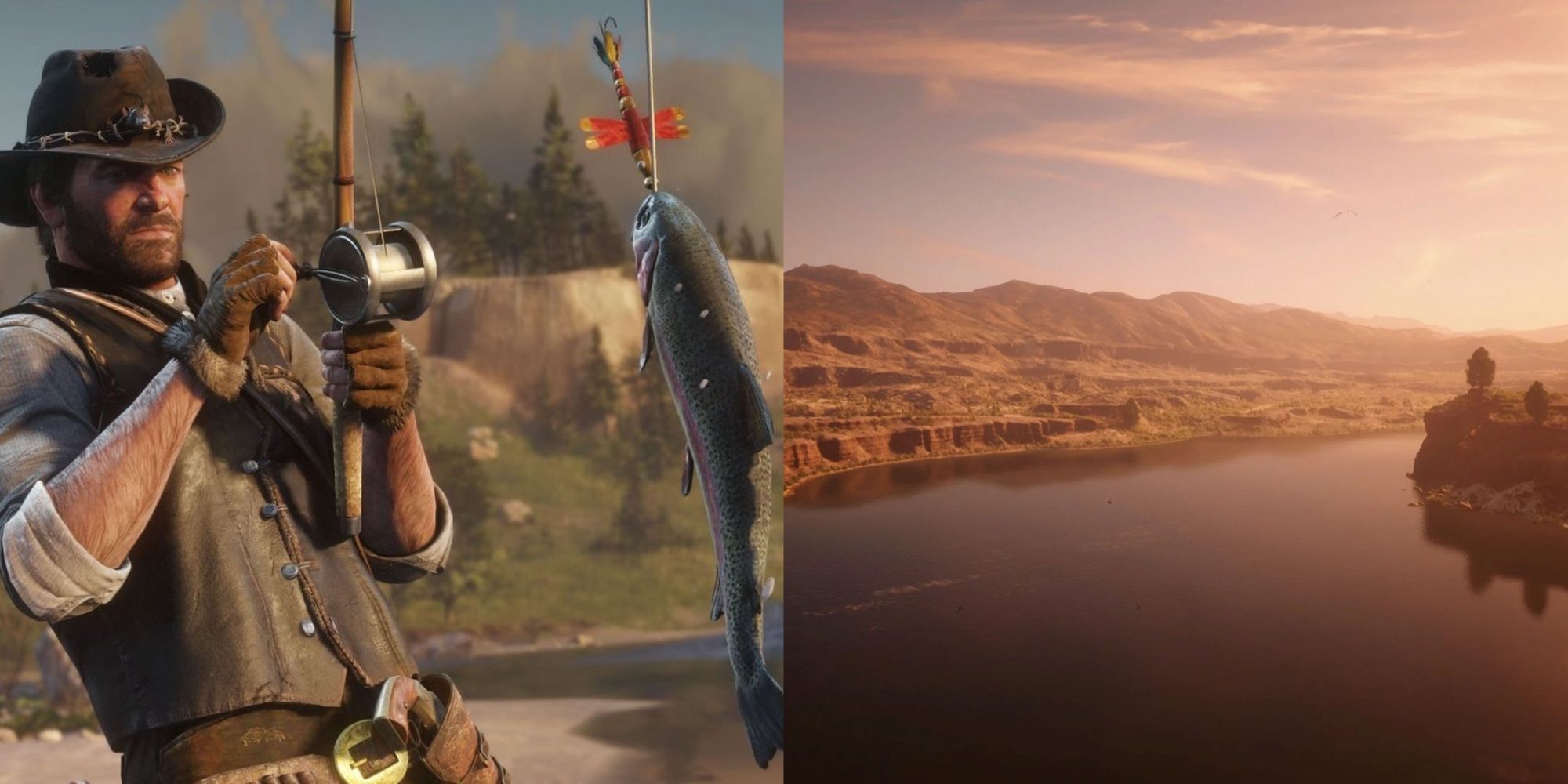 Collage image of Arthur Morgan fishing and a landscape in Red Dead Redemption 2