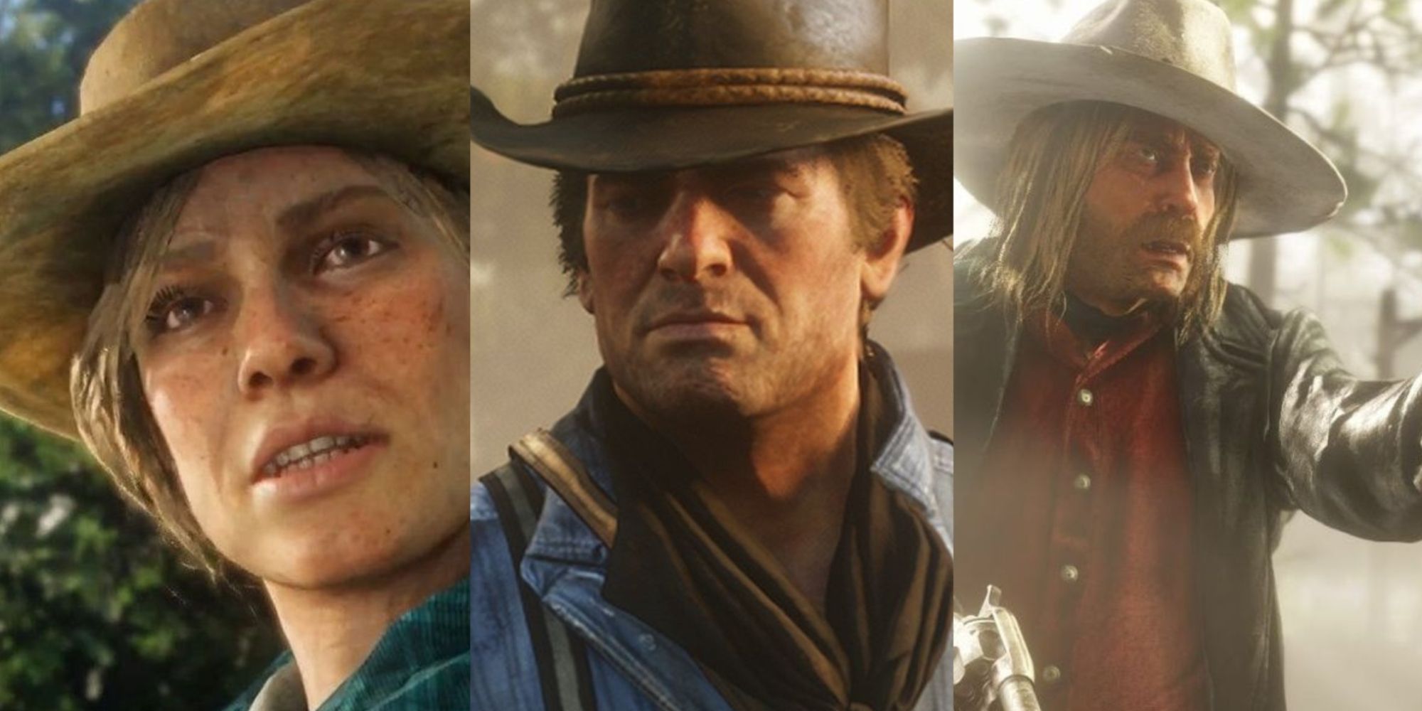 Red Dead Redemption 2 Gang Members Attributes Featured Split Image Sadie, Arthur, And Micah