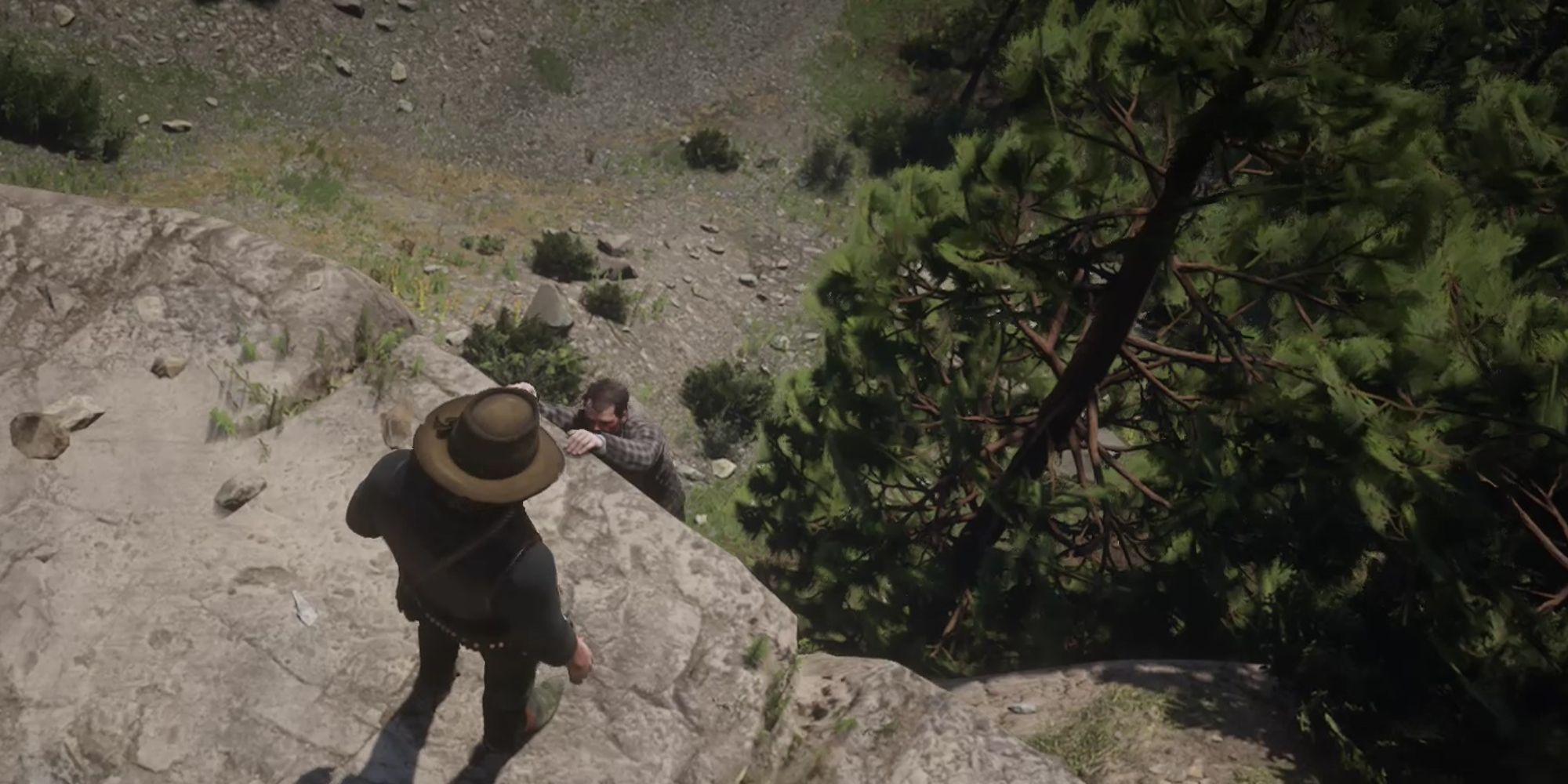 Red Dead Redemption 2 Screenshot Of Man From Blackwater Hanging From Rock
