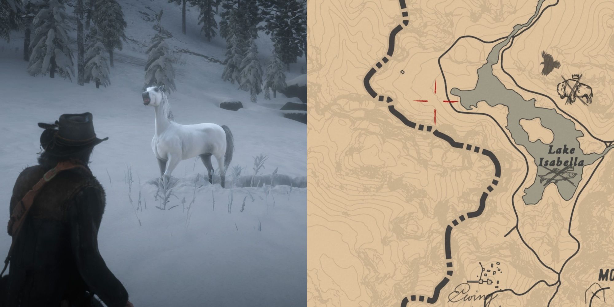 Red Dead Redemption 2 the White Arabian horse being slowly approached in the snow, and the location of the horse by Lake Isabella marked on the in-game map